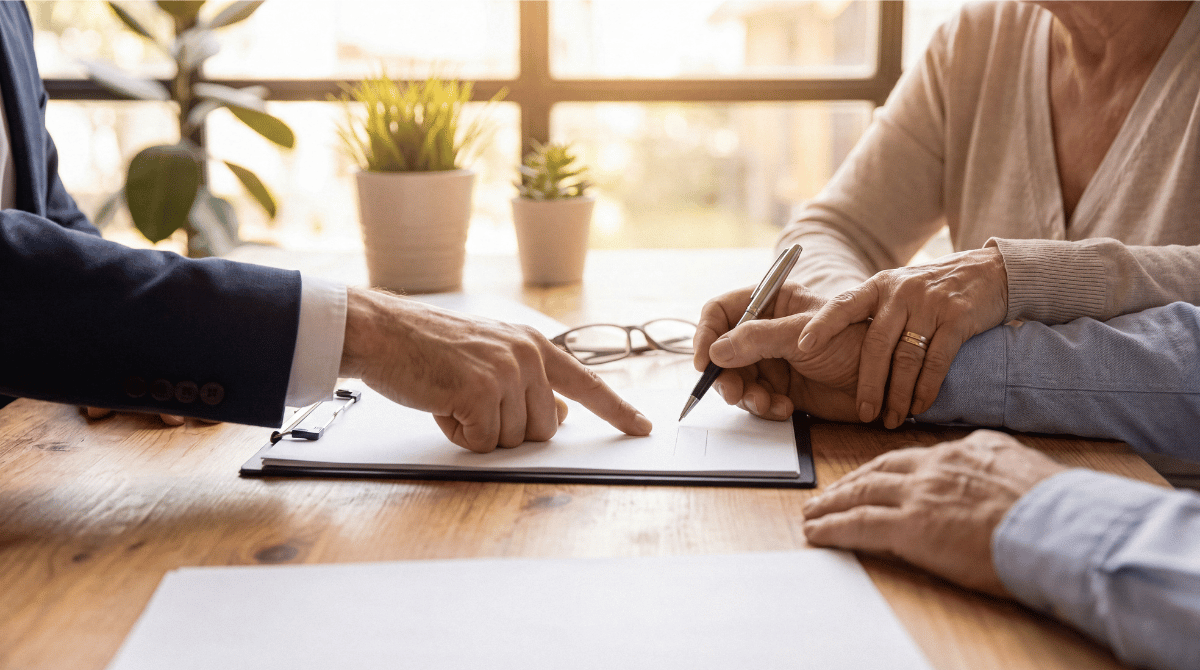 An elderly couple meeting with an estate planning lawyer