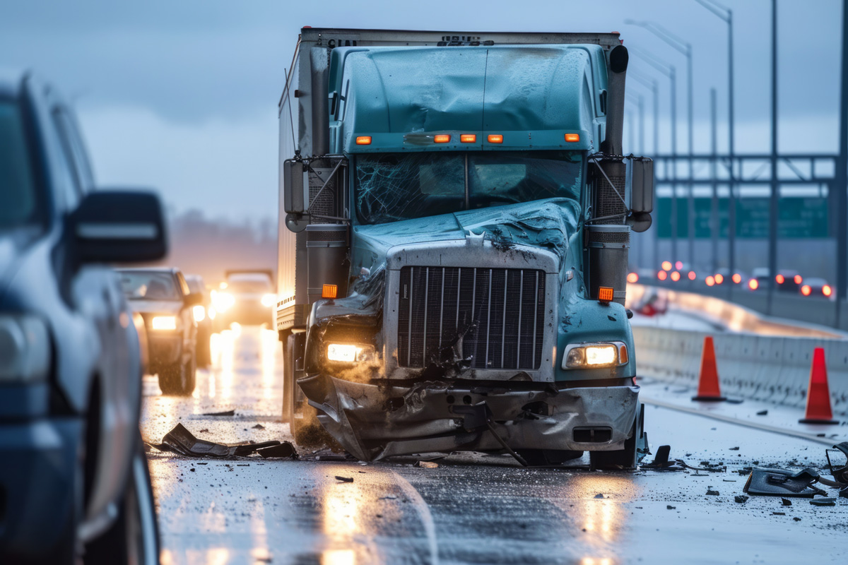 A truck stopped on a rainy highway with a smashed front.